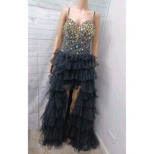DAVE & JOHNNY Hi Low Tiered Ruffles Tulle Beaded  Long Prom Formal Dress Sz 5/6